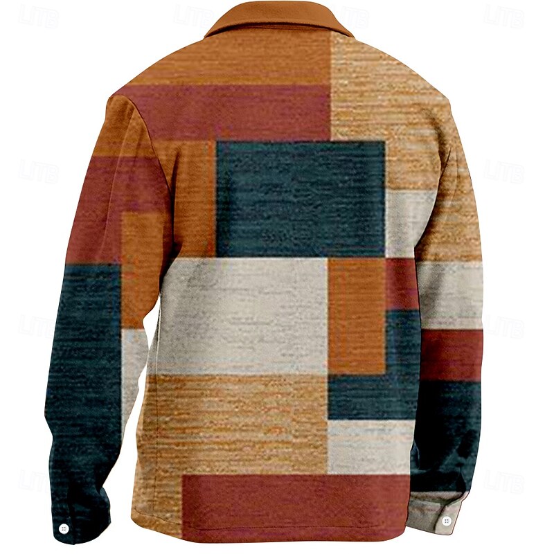Men's Geometric Shirt Jacket Overshirt Long Sleeve Casual Outdoor Vacation Fall Winter Turndown Button Up Orange2