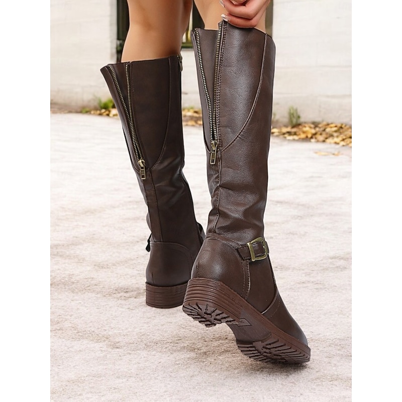 Women's Brown Knee-High Boots with Side Zipper and Buckle Detail, Featuring a Low Block Heel and Durable Design – Perfect for Casual and Outdoor Wear3