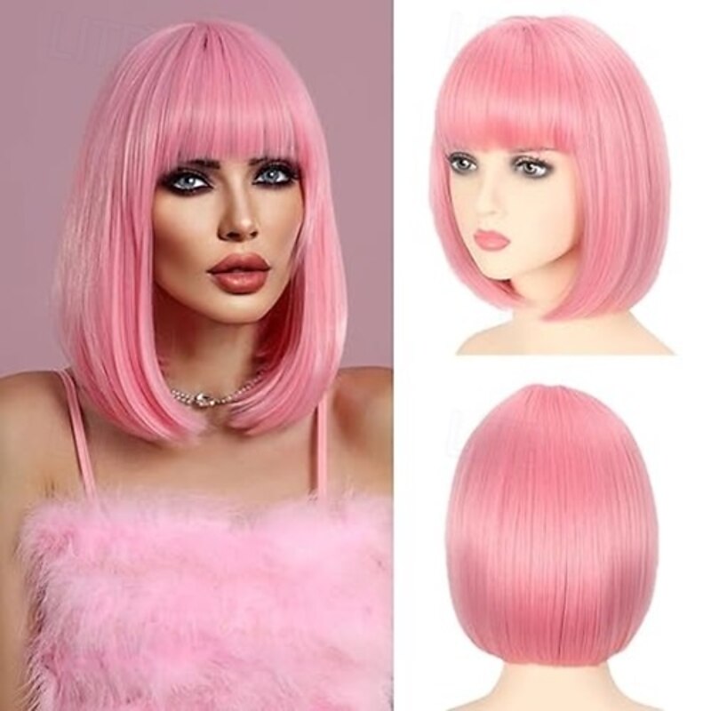 Short Bob Wigs With Bangs Straight Synthetic Cosplay Party Wig For Women Daily Use Colorful Hair Wigs