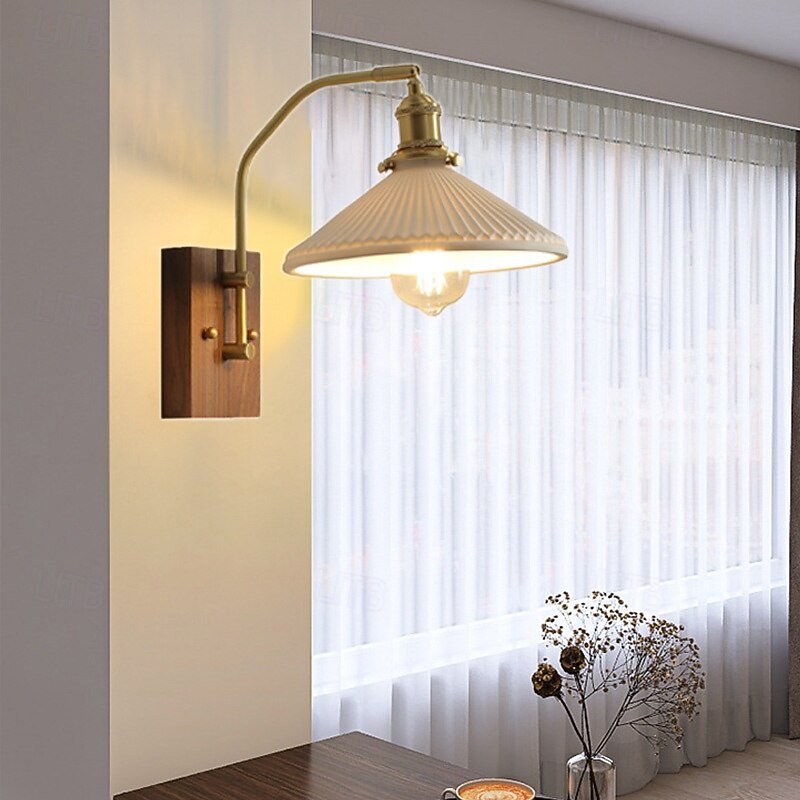 Vintage Wall Light Walnut Wall Mount Single Light White Ceramic Reading Light Wall Mount Copper Headboard Lamp E27 85-265V2