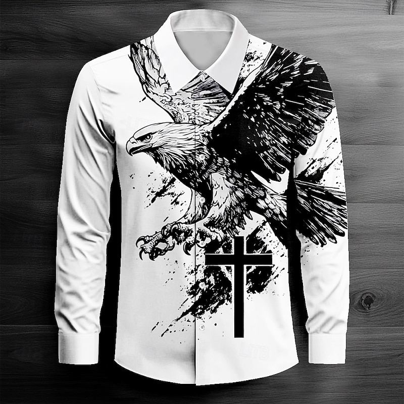 Men's Eagle Cross Button Up Shirt Long Sleeve Fashion Casual Outdoor Street Daily Fall Winter Spring & Summer Shirt Collar Button Up 3D Print White