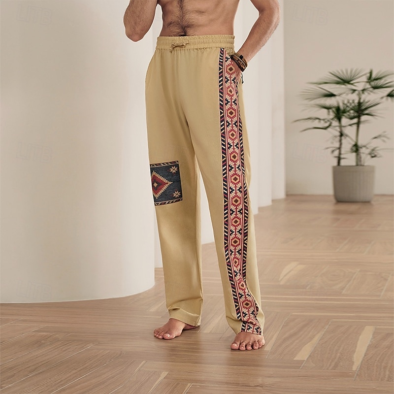 Men's Ethnic Linen Pants Trousers Summer Pants Mid Waist Ethnic Style Retro Vintage Casual Daily Holiday Drawstring Elastic Waist 3D Print Spring & Summer 3D Print Khaki Grey