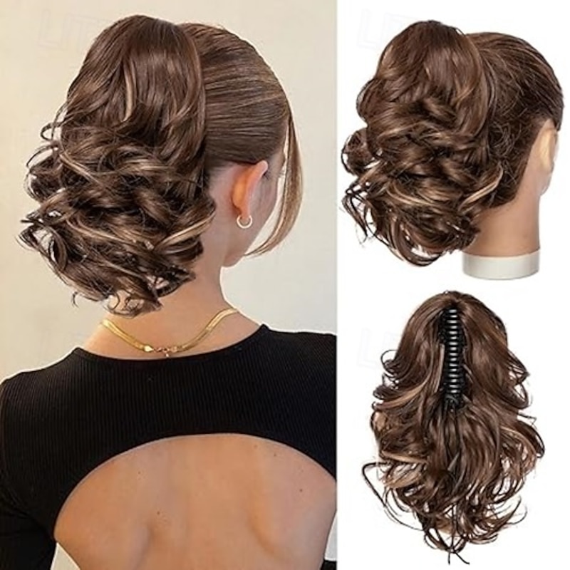 Ponytail Extensions 10 inch Short Claw Clip on Ponytail Extensions Synthetic Curly Wavy Pony Tails Hairpieces for Women Daily