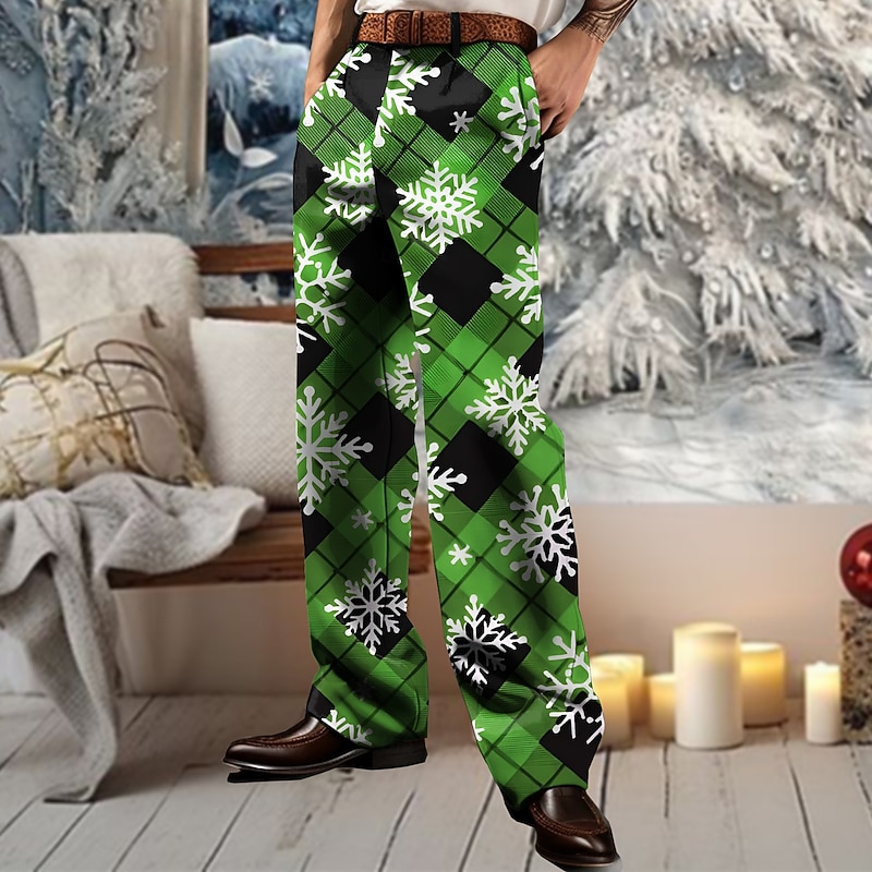 Christmas Men's Plaid Snowflake Dress Pants Mid Waist Fashion Casual Party Outdoor Home Zipper Pocket Straight Leg Trousers Summer Spring Fall 3D Print Red Blue Purple3