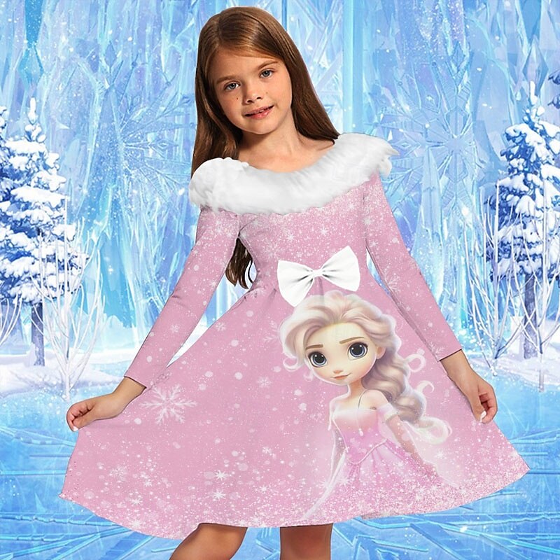 Girls' 3D Graphic Cartoon Snowflake Dress Ruffle Dress Long Sleeve Spring Fall Vacation Daily Holiday Beautiful Sweet Kids 4-12 Years Party Dress A Line Dress Knee-length Regular Fit2