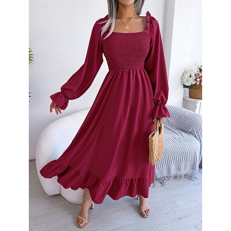 Christmas Women's Midi Dress Vintage Dress Casual Dress Elegant Formal Lantern Sleeve Formal Christmas Party Regular Fit Long Sleeve Square Neck Black Red Green Fall Winter