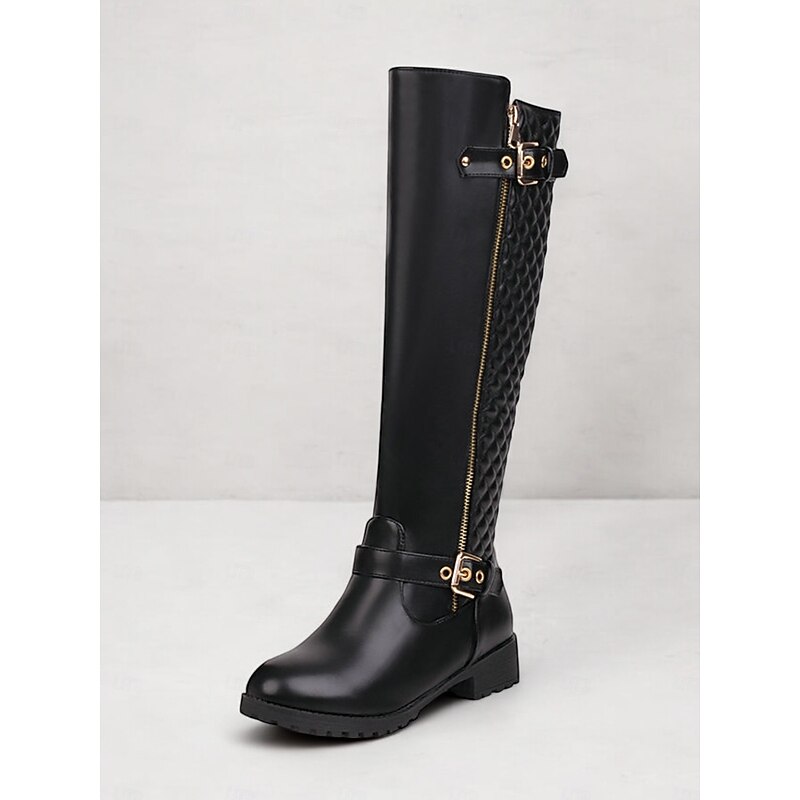 Women's Black Riding Knee-High Boots with Quilted Back and Gold Zipper – Stylish Equestrian-Inspired Winter Footwear3