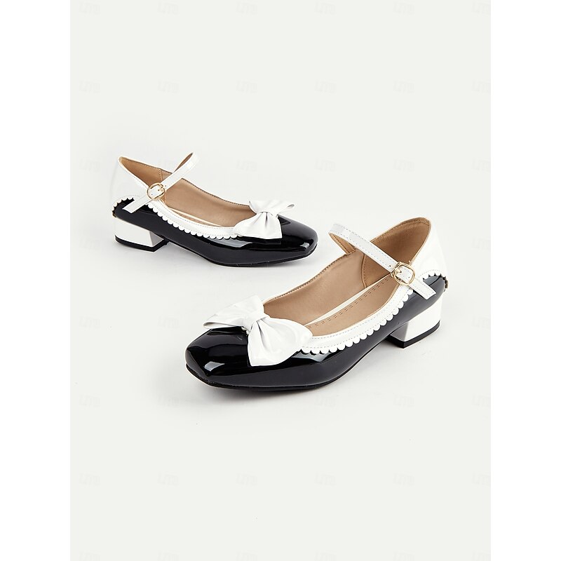 Women's Black and White Patent Mary Jane Shoes with Bow Detail – Scalloped Edges and Block Heel for Formal Occasions4