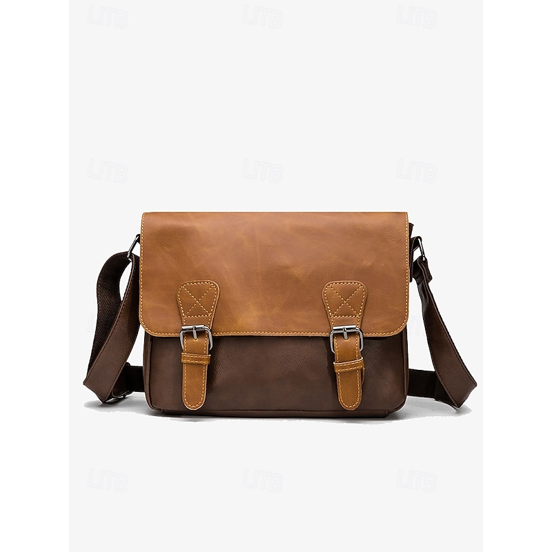 Men's Vintage Faux Leather Messenger Bag with Adjustable Strap – Durable Two-Tone Design for Work and Casual Use