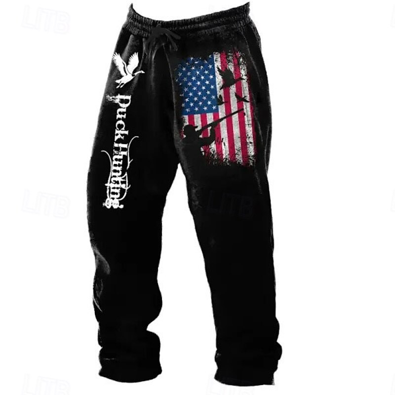 Men's American US Flag Joggers Fleece Sweatpants Drawstring Elastic Waist Vintage Casual Outdoor Street Dailywear Pocket Straight Leg Trousers Thermal Winter 3D Print Black