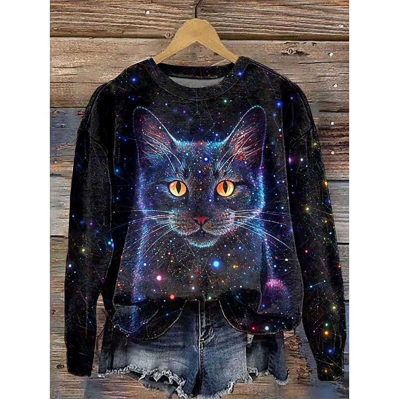 Women's Pullover Casual Cat Dailywear Casual Crew Neck Print Long Sleeve Blue Fall Winter2