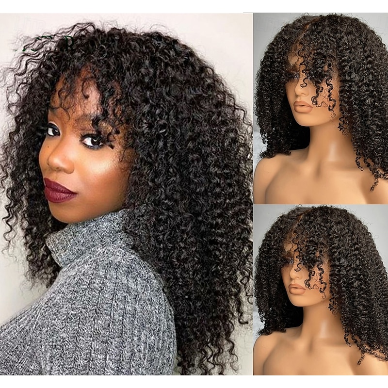Jerry Curly Human Hair Wigs With Bangs Brazilian Remy Curly Human Hair Wigs  with Baby Hair Glueless Pre-Plucked For Women Curly Fringe Wig