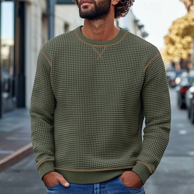 Men's Waffle Tee T Shirt Waffle Knit Tee Long Sleeve Crew Neck Spring Fall Solid Color Knitwear Fashion Daily Color Block Formal Home Office Black Green Top Tee for Men