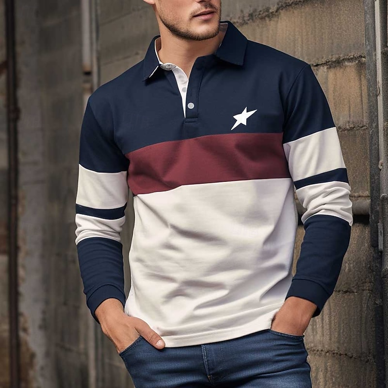 Men's Stripe Rugby Polo Shirts Long Sleeve Polo Shirts Collared Shirts Business Casual Outdoor Office Dailywear Buttons 3D Print Spring Fall Winter Ink Blue