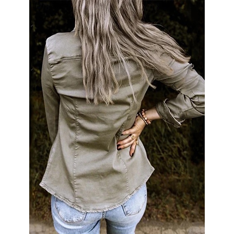 Women's Shirt Long Sleeve Shirt Collar Black Army Green Gray Spring &  Fall2
