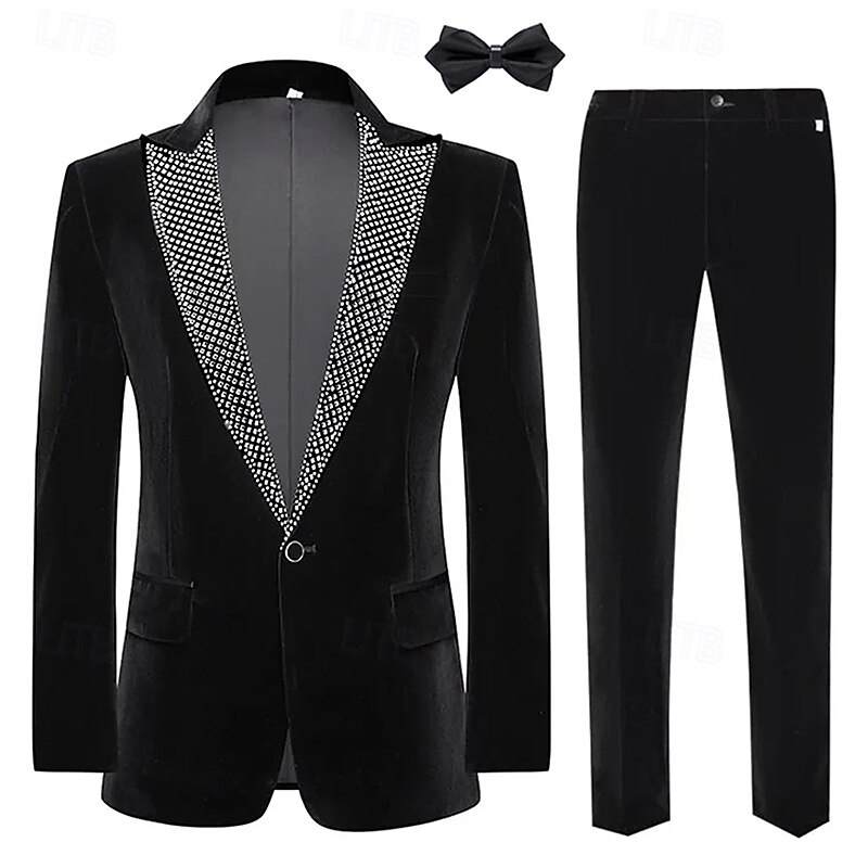 Men's Party Evening Wear Prom Suits Peaked Lapel Black Christmas Fashion Patchwork Standard Fit 2 Piece Single Breasted One-button2