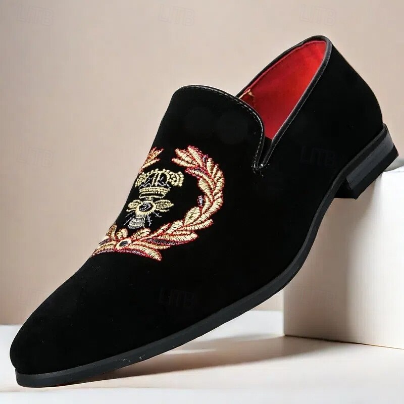 Men's Black Velvet Embroidered Loafers with Regal Crown Design – Luxury Slip-On Dress Shoes for Formal Events and Parties