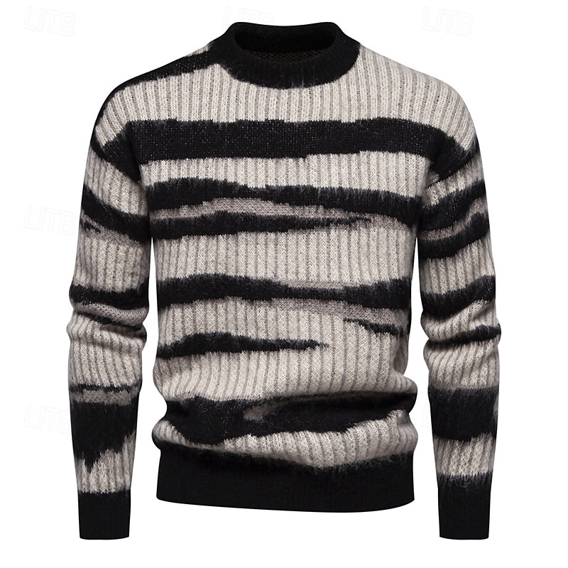 Men's Pullover Sweater Jumper Knit Sweater Ribbed Knit Regular Knitted Stripe Crew Neck Fashion Basic Daily Wear Date Clothing Apparel Fall & Winter Black M L XL