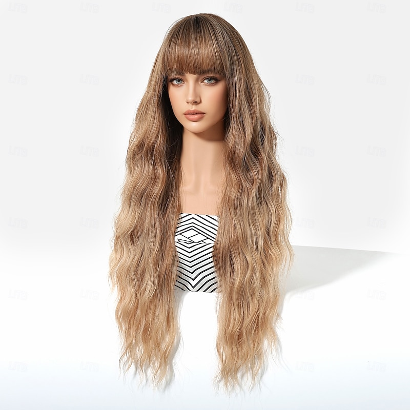 Synthetic Wig Uniforms Career Costumes Princess Curly Wavy Layered Haircut Braid With Bangs Machine Made Wig 28 inch Dark Brown Synthetic Hair Women's Cosplay Party Fashion Dark Brown3