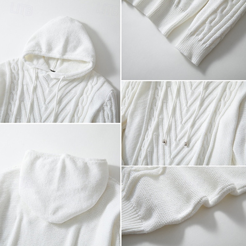 Men's Pullover Sweater Jumper Knit Sweater Ribbed Cable Knit Regular Knitted Jacquard Plain Hooded Fashion Basic Daily Wear Date Clothing Apparel Fall & Winter White M L XL4