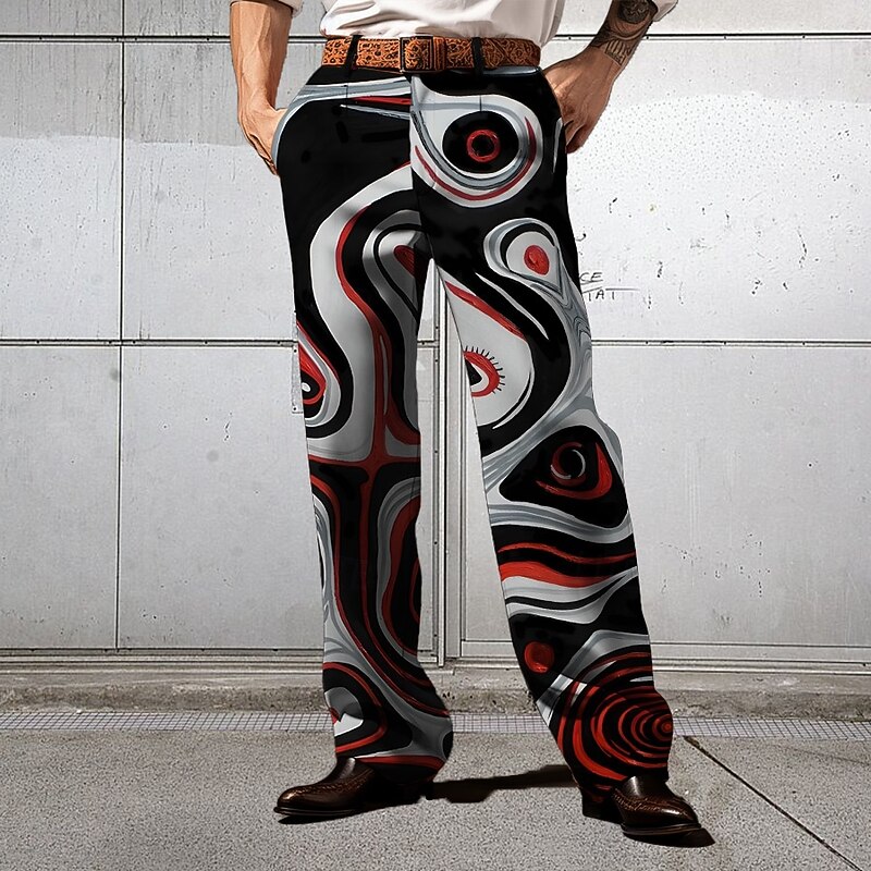 Men's Lines / Waves Dress Pants Mid Waist Casual Outdoor Home Dailywear Zipper Pocket Straight Leg Trousers Summer Spring Fall 3D Print Black Red Blue