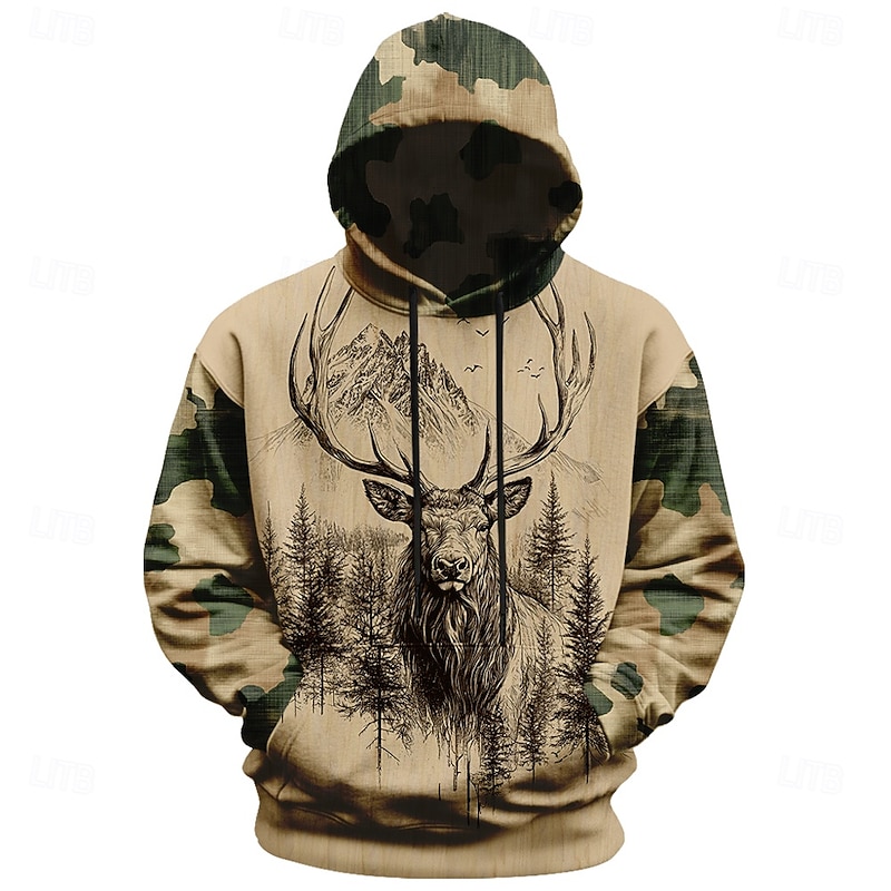 Men's Deer Hoodies Fashion Daily Long Sleeve Crew Neck Holiday Going out Streetwear Khaki Drawstring Fall Winter Designer