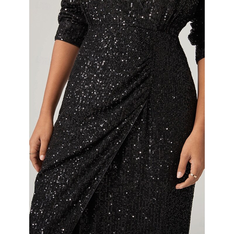 Women's Knee Length Dress Black Dress Sequin Dress Elegant Stylish Bishop Sleeve Cocktail Party Regular Fit Plain Long Sleeve V Neck Shirt Collar Black Fall Winter3
