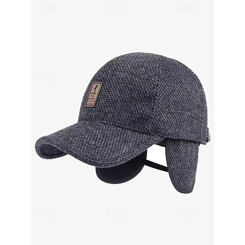 Men's Winter Woolen Baseball Cap with Ear Flaps – Warm and Stylish Herringbone Pattern Hat, Available in Gray, Dark Gray, and Brown, Perfect for Outdoor Activities in Cold Weather4