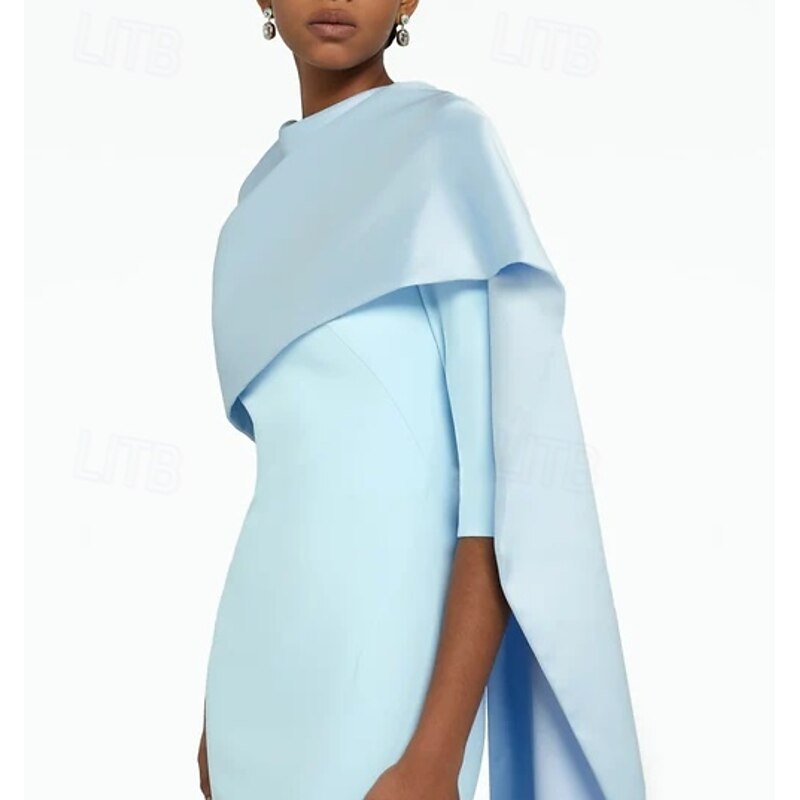 Beach Wedding SkySheath Evening Gown ElegantDress Formal Wedding Floor Length 3/4 Length Sleeve Jewel Neck Stretch Crepe with Slit Shawl4