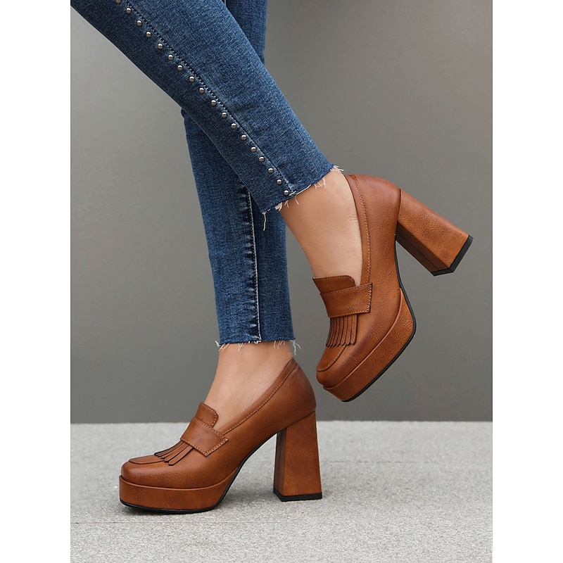Women's Brown Platform Loafer Heels with Tassel Fringe – Retro Chunky Block High Heel Shoes for Casual and Party Wear2