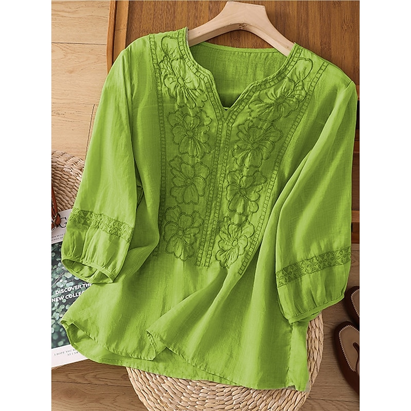 Women's Shirt Linen-Inspired Shirts Solid Color Floral Casual Boho 3/4 Length Sleeve Elbow Sleeve V Neck Regular Tops Vacation Party Daily Embroidered Grass Green Purple Autumn / Fall Spring & Summer