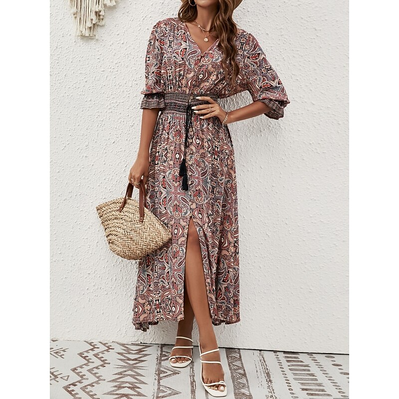 Women's Maxi Dress Casual Dress Swing Dress A Line Dress Boho Dress Casual Daily Regular Fit Floral Paisley Half Sleeve V Neck Blue Brown Summer Spring Fall