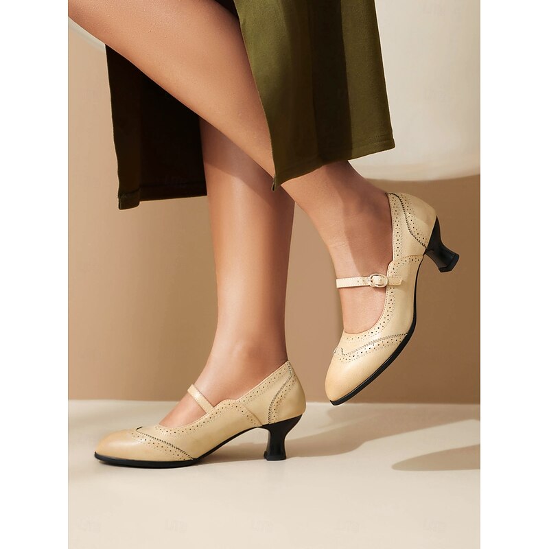 Women's Brown Vintage Gatsby Mary Jane Pumps-Brogue Detailing with Mid Heel for Office, Parties, and Retro Style Outfits