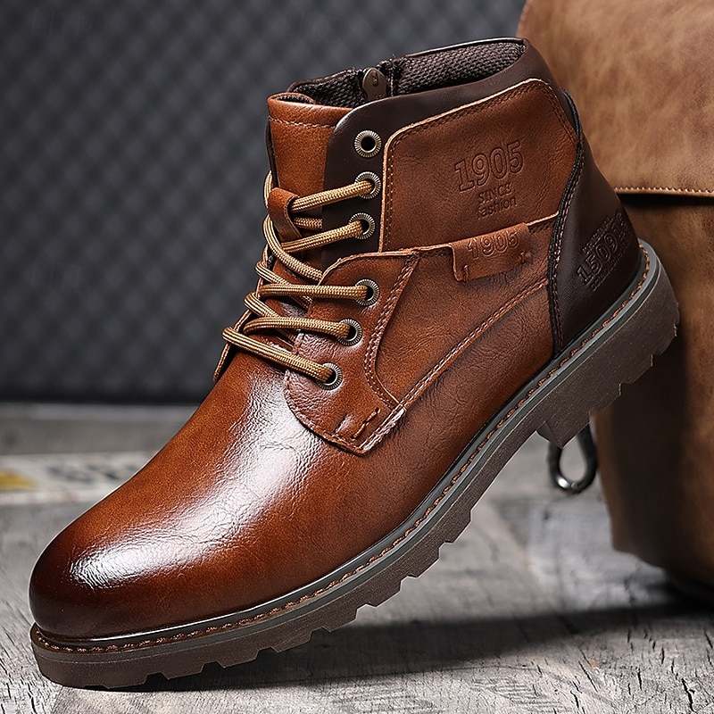 Men's Vintage Brown Faux Leather Ankle Boots – Classic Lace-Up Design with Rugged Sole for Work & Casual Wear