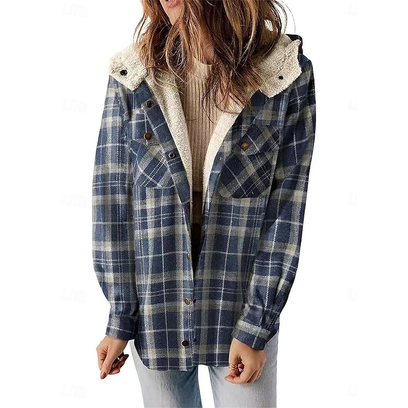Women's Winter Coat Fleece Jacket Hoodie Jacket Outdoor Street Daily Wear Fall Winter Regular Coat Regular Fit Thermal Warm Breathable Stylish Casual Jacket Long Sleeve Stripes and Plaid with Pockets2