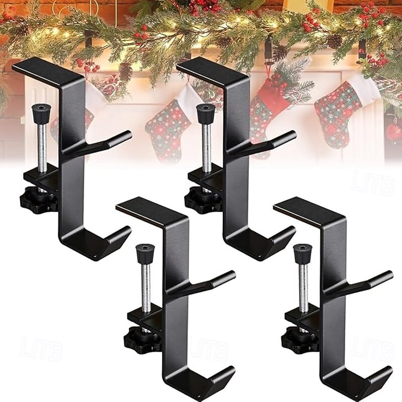 4 Packs 2 in 1 Mantel Hanger for Garland Adjustable Stocking Hangers for Mantel Weighted Fireplace Garland Hangers Heavy Duty for Door Frame Two Hooks Dual Purpose and Padded Contact Points(4pcs)