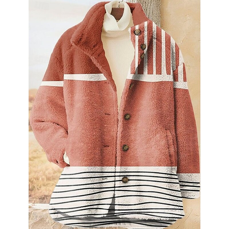 Women's Sherpa Jacket Teddy Coat Outdoor Street Daily Wear Fall Winter Regular Coat Regular Fit Thermal Warm Breathable Stylish Casual Jacket Long Sleeve Leopard Geometric with Pockets Full Zip Red