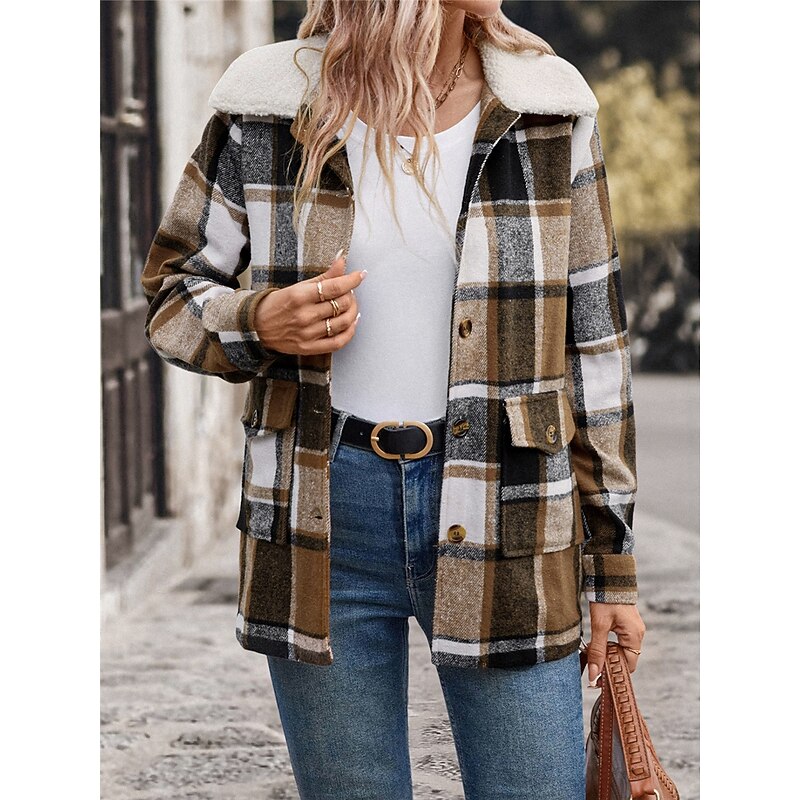 Women's Winter Coat Outdoor Street Daily Wear Fall Winter Regular Coat Regular Fit Thermal Warm Breathable Stylish Casual Jacket Long Sleeve Stripes and Plaid with Pockets Fur Collar Khaki3