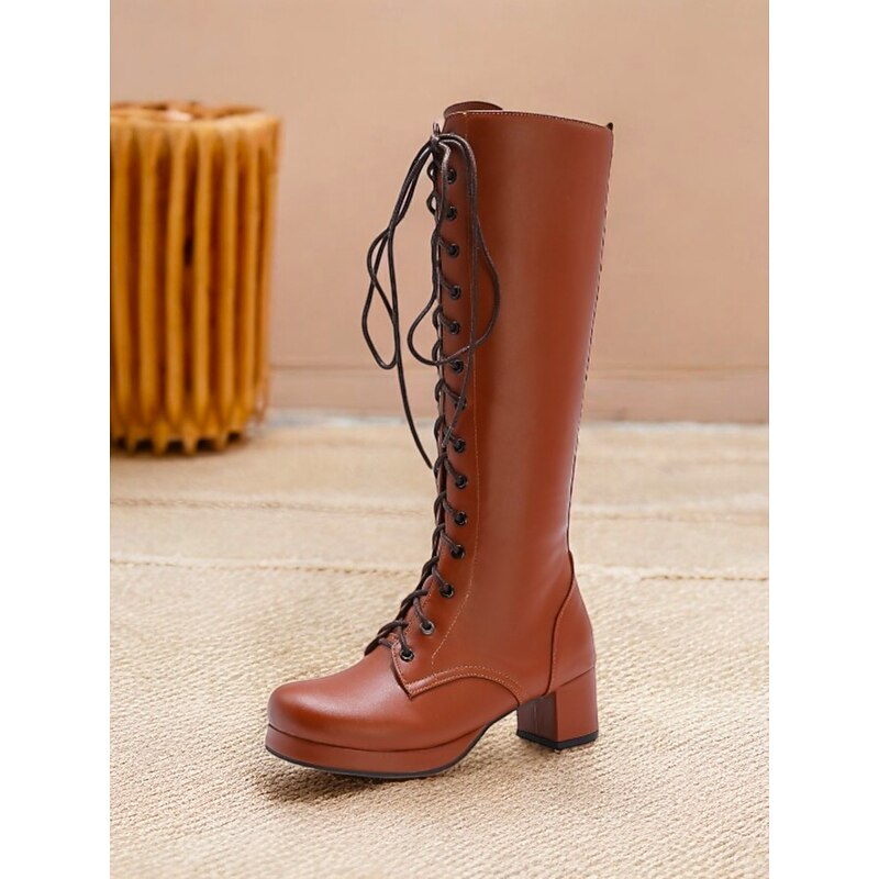 Women's Vintage Lace-Up Knee-High Boots – Chunky Heel Retro Style for Cosplay, Costume, and Everyday Fashion