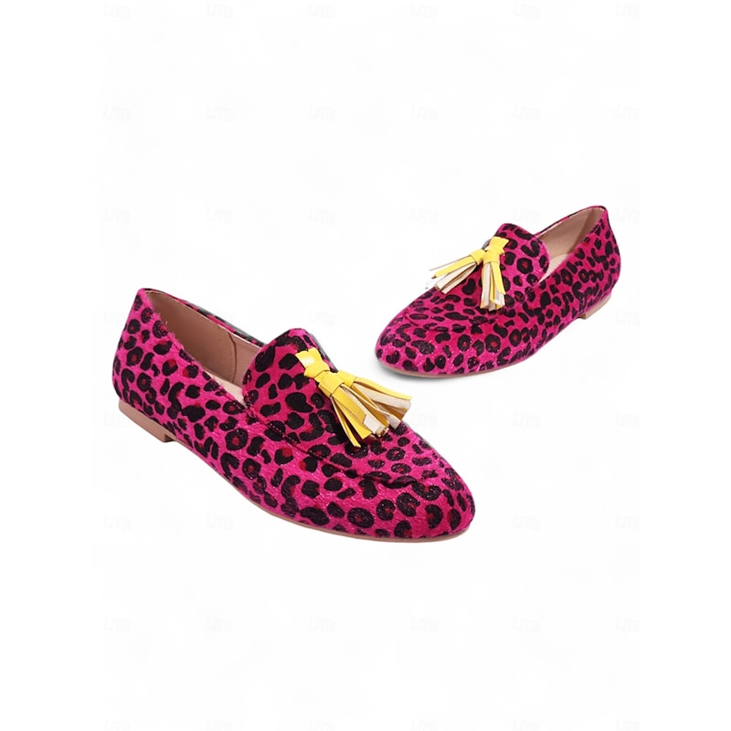 Women's Pink Leopard Print Loafers with Yellow Tassel – Bold and Stylish Slip-On Shoes for a Trendy Statement Look3