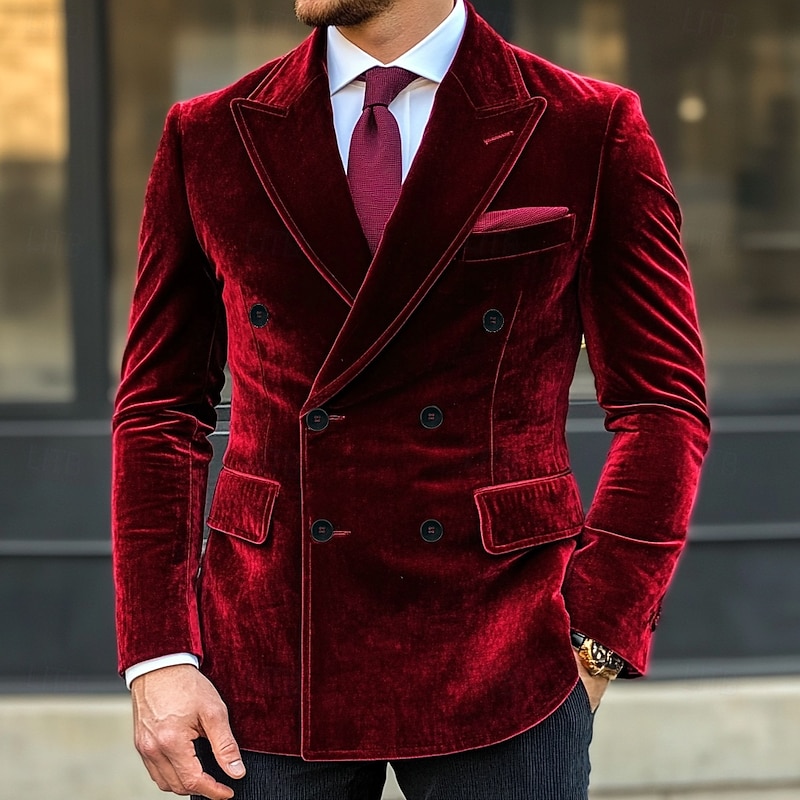 Men's Blazer Jacket Closure collar Christmas Vintage Velvet Solid Colored Blazer Red Purple Standard Fit Double Breasted Six-buttons