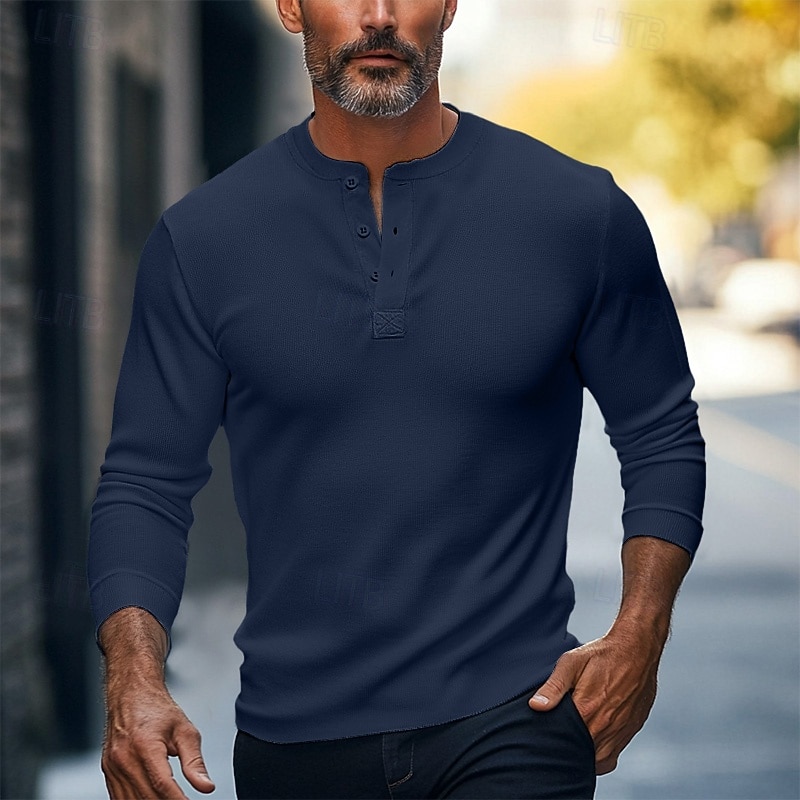 Men's T shirt Henley Shirt Solid Color Henley Normal Outdoor Causal Long Sleeve Buttons Clothing Apparel 100% Cotton Knitwear Daily4