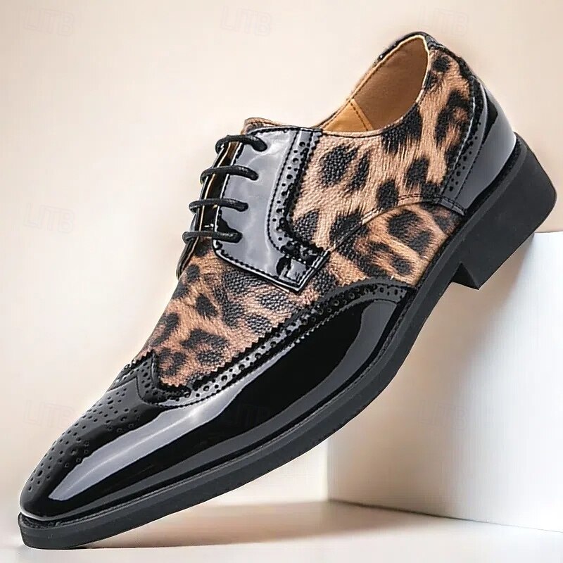 Men's Leopard Print Oxford Shoes - Patent Faux Leather Accents with Brogue Detailing for Formal and Party Occasions