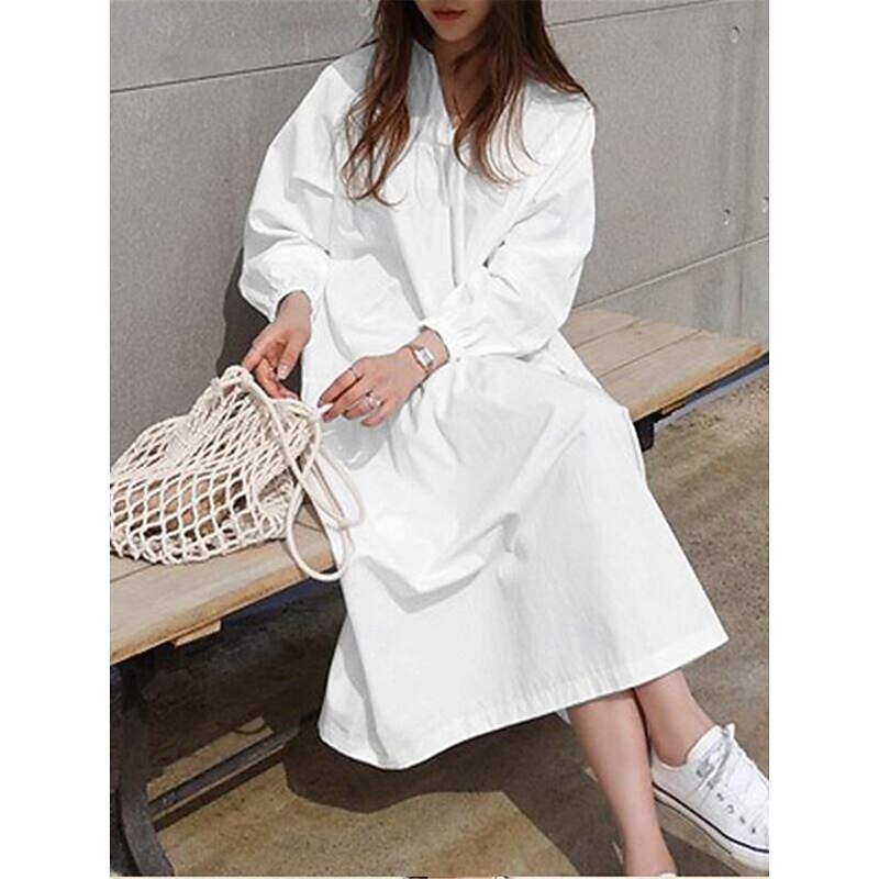 Women's Casual Dress Maxi Dress Ruffle Hem Casual Split Neck Long Sleeve Black White Khaki Color2