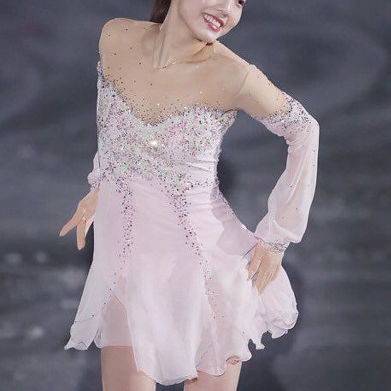 Figure Skating Dress Women's Girls' Ice Skating Dress Pink Patchwork Thumbhole Mesh Spandex Stretchy Training Practice Professional Skating Wear Thermal Warm Crystal / Rhinestone Long Sleeve Ice