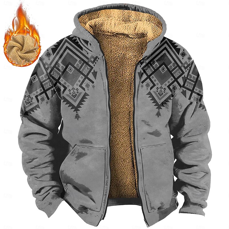 Men's Cowboy Fleece Hoodies Sweatshirt Ethnic Cowboy Long Sleeve Hooded Vacation Sports Outdoor Streetwear Brown Gray Drawstring Fall Winter Designer2