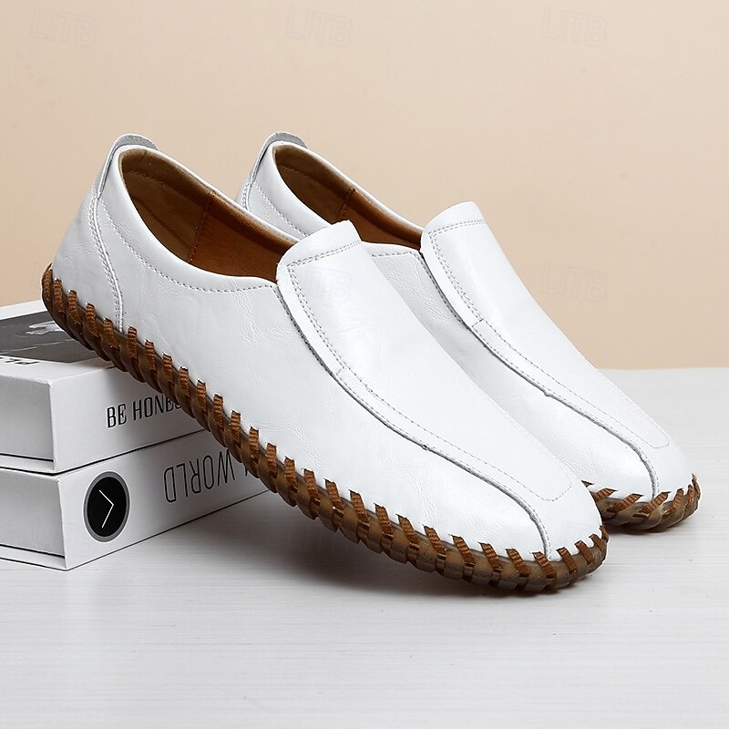 Men's White Faux Leather Slip-On Loafers with Hand-Stitched Sole – Lightweight Casual Shoes for Driving, Walking, and Summer Outfits2