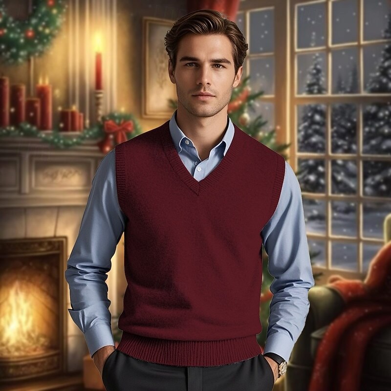 Men's Sweater Vest Pullover Sweater Jumper Dress Sweater Vest Knit Sweater Ribbed Knit Regular Knitted Plain V Neck Fashion Casual Daily Wear Date Clothing Apparel Fall & Winter Black Dark Navy S M L2