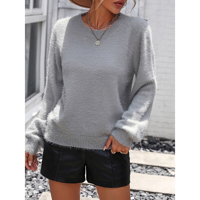 Women's Sweater Casual Soft Pure Color Ribbed Crew Neck Lace Patchwork Knitted Long Sleeve Regular Tops Knit Outdoor Daily Weekend Black White Fall Winter4