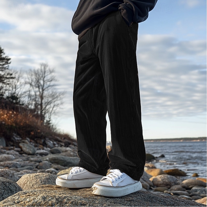 Men's Corduroy Pants Trousers Casual Pants Drawstring Elastic Waist Straight Leg Plain Comfort Warm Full Length Outdoor Casual Daily Sports Fashion Dark Brown Black2